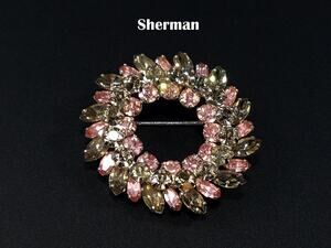 Sherman 1950s Pink & Smoky Gray Rhinestone Wreath Brooch